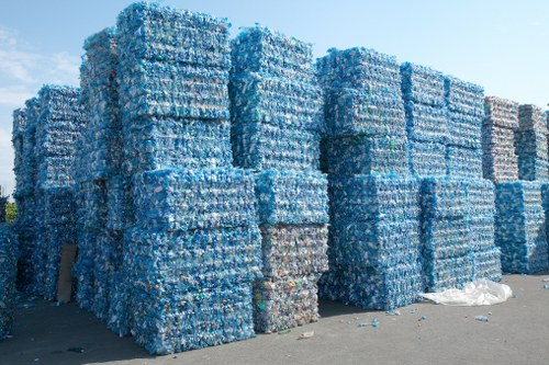 Large stacks of compressed plastic bottles, primarily blue and transparent, are arranged in an outdoor area likely used for waste collection in Highbury. The bottles are tightly packed into rectangular bales, some with visible branding and labels, and are stacked several layers high. The textured surfaces of the bottles reveal their plastic material, with some showing ridges from the compression process. In the background, a portion of the paved ground is visible, along with scattered loose bottles and small pieces of plastic on the ground, indicating an active waste disposal or recycling facility. The sky above is clear, suggesting a bright day. This scene is typical of waste management operations, with the focus on plastic bottle recycling, which would be relevant for a rubbish removal service like Office Clearance Highbury serving the local postcode area.